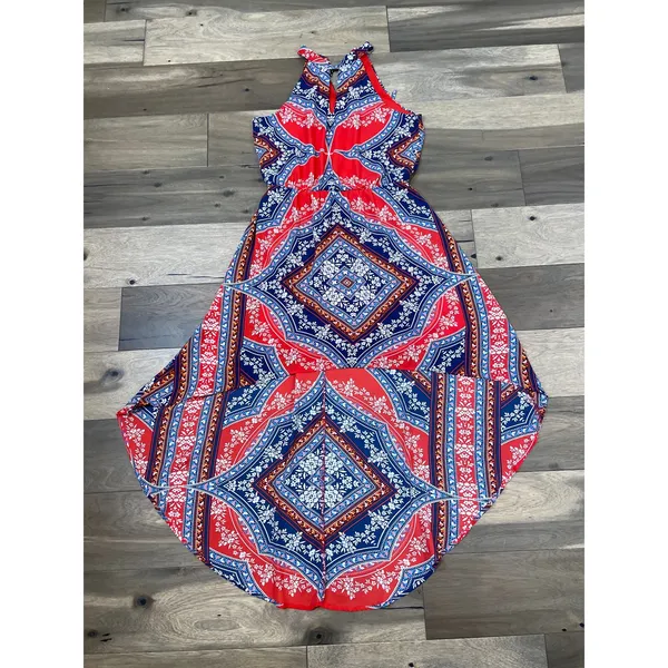 As You Wish Boho High‑Low Halter Dress Orange & Blue Size L - Image 6