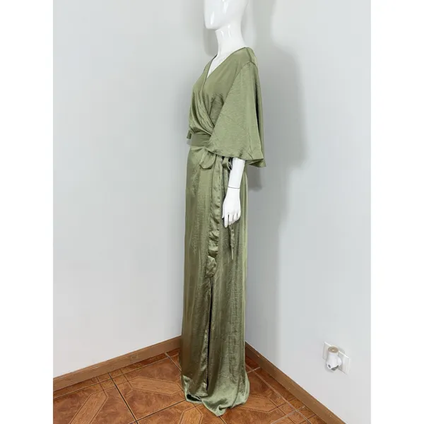 Six Stories Sage Green Satin Wrap Maxi Dress Women UK 22 Flutter Sleeve NWT $199 - Image 4