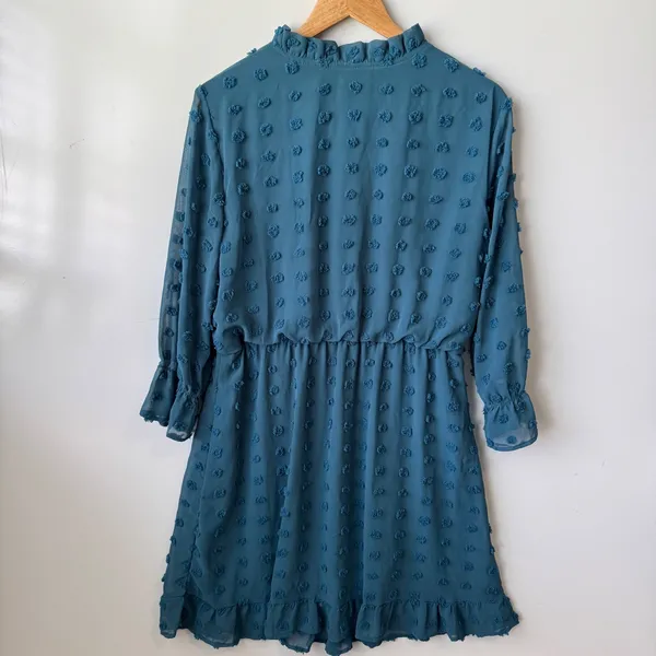 Tacera Mini Dress Ruffle Neck Long Sleeve Pom Dot Teal Blue Size‎ L - Image 4