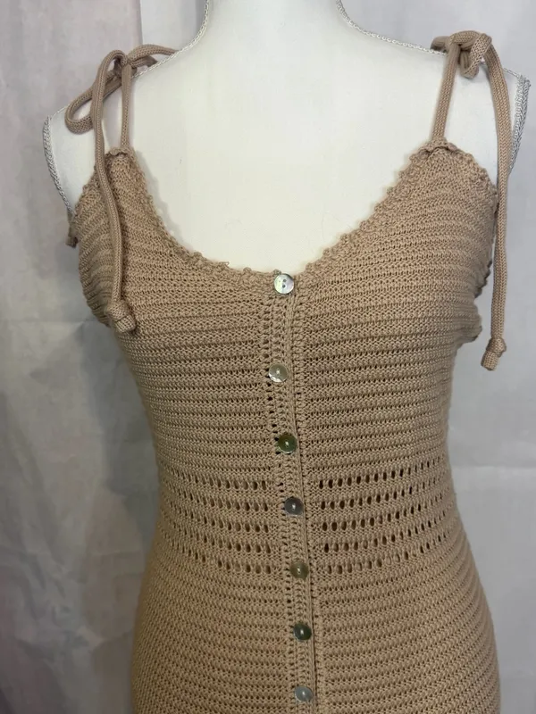 Tie-Shoulder Knit Mini Dress in Tan - Image 7