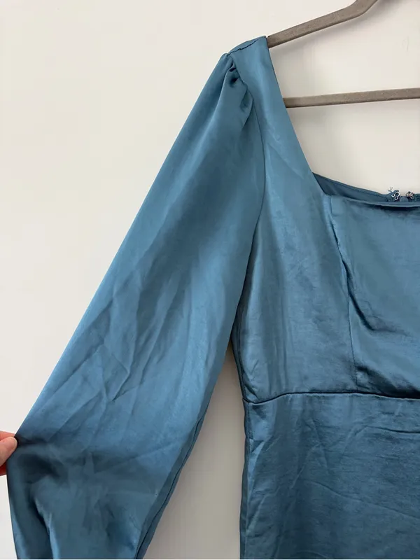 Lulu’s Got The Love Slate Blue Satin Square Neck Mini Long Sleeve Dress Medium - Image 2
