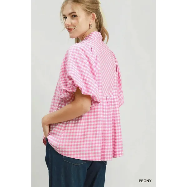 Umgee Smocked Yoke Puff Sleeve Gingham Blouse - Large - Image 3