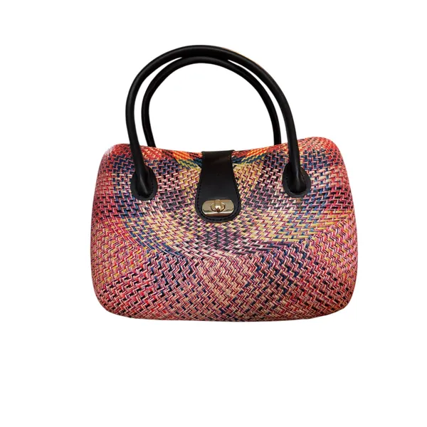 Le‎ Sac Woven Straw Top Handle Handbag Colorful Woven Design Black Accents Gold - Image 5