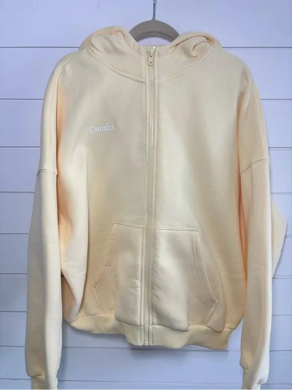 Comfrt Oversize Light Yellow Zip-Up Bomber Hoodie size M - Image 2