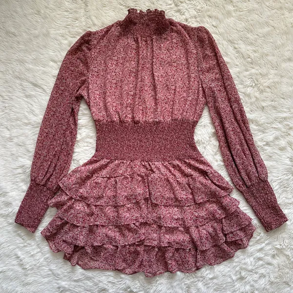 Bardot Dress Georgette Soft Floral Tiered Shirred Mini Long Sleeve Pink M - Image 4