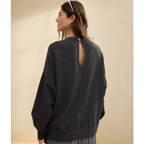 Aerie Lace Ribbon Bow Sweatshirt Charcoal Gray Oversized Keyhole Back Medium - Image 2