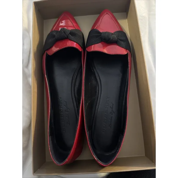 Burberry Red Patent Loafers Grosgrain Bow Flat Shoes SIZE 40- Box, Info &Dustbag - Image 2
