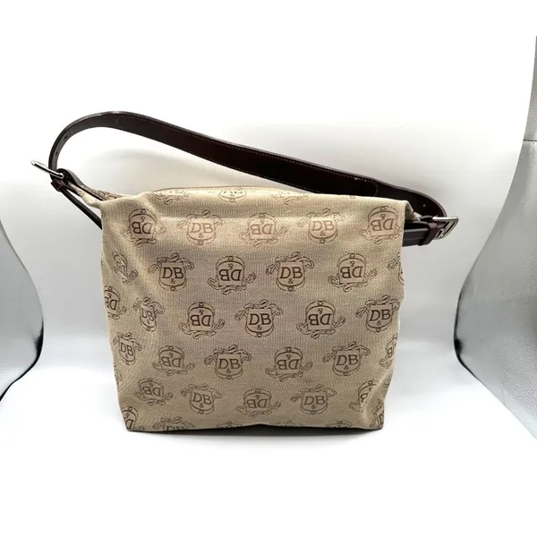 Dooney & Bourke Beige Signature Logo Canvas Shoulder Bag Brown Leather Strap - Image 2