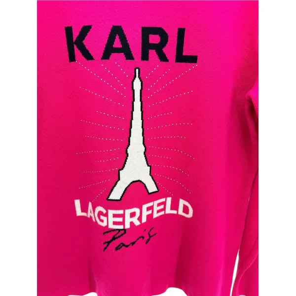 Karl Lagerfeld Paris Hot Pink Eiffel Tower Rhinestone Sweater M NWT Parisian - Image 3