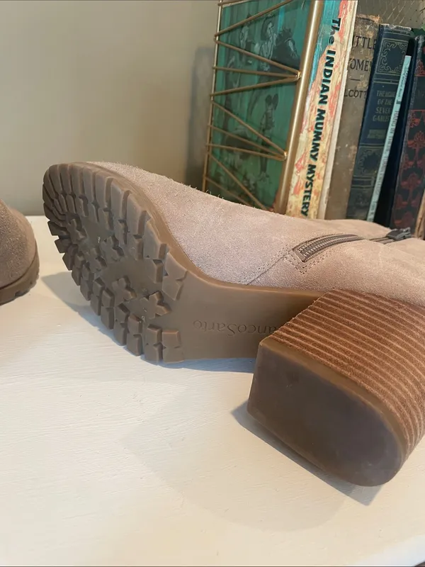 Franco Sarto Taupe Suede Ankle Booties with Stacked Heel - Image 4
