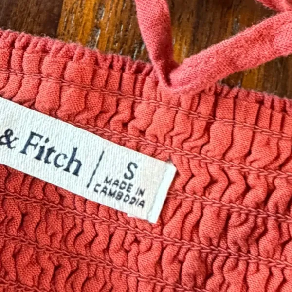 Abercrombie & Fitch Coral Red Linen Blend Ruffle Mini Dress Smocked Back Small - Image 3