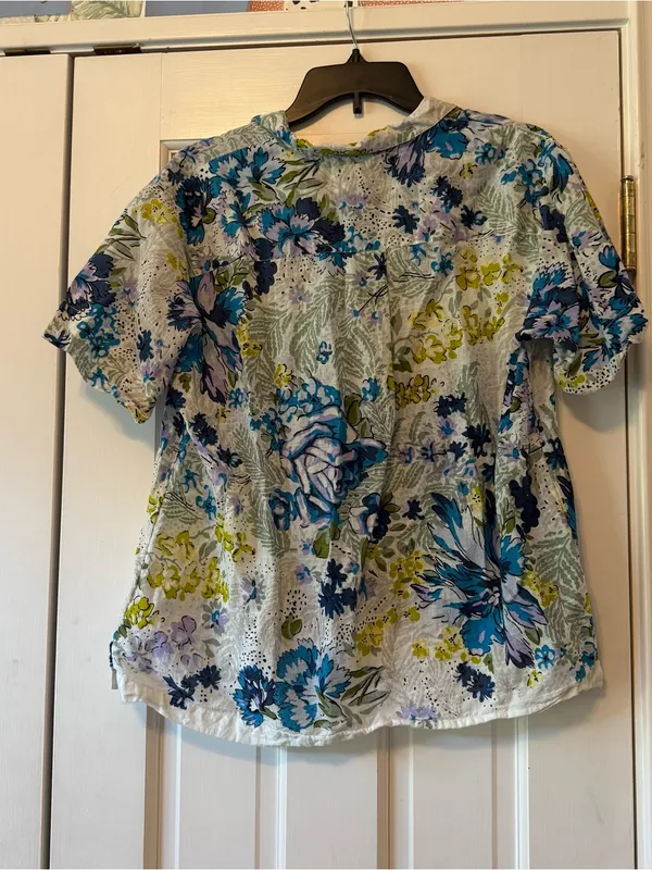 Anthropologie Printed Surf Shirt Short Sleeve Button Down Blue Floral Sz Large - Image 6