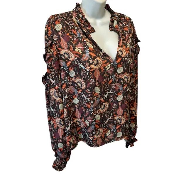 Evereve Clara Floral Paisley Long Sleeve V Neck Blouse/Top M Ruffle Trim Career - Image 3