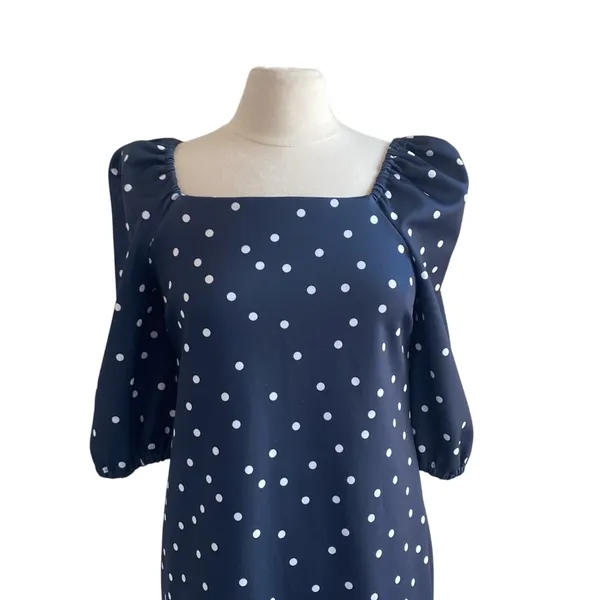 ASOS Puff Sleeve Dress Womens Sz 6 Navy Polka Dot Square Neck Mini - Image 3