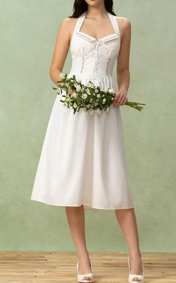 Rihoas White Embroidery A-Line Halter Midi Dress - Image 4