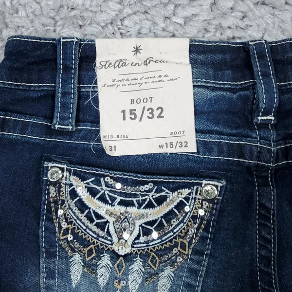 Stella in Dreams Mid Rise Boot Jeans Bootcut Sequin Bull Oxen Size 15 32 Blue - Image 4