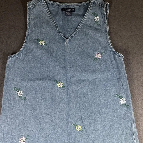 Vtg Mountain Lake Casuals Dress Womens Small Blue Denim Floral Maxi Jumper - Image 2