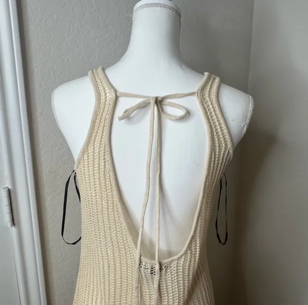 Revolve Cream Tan Maxi Crochet Open Knit Back Backless Cover Up Maxi Boho Beach Dress - Image 6