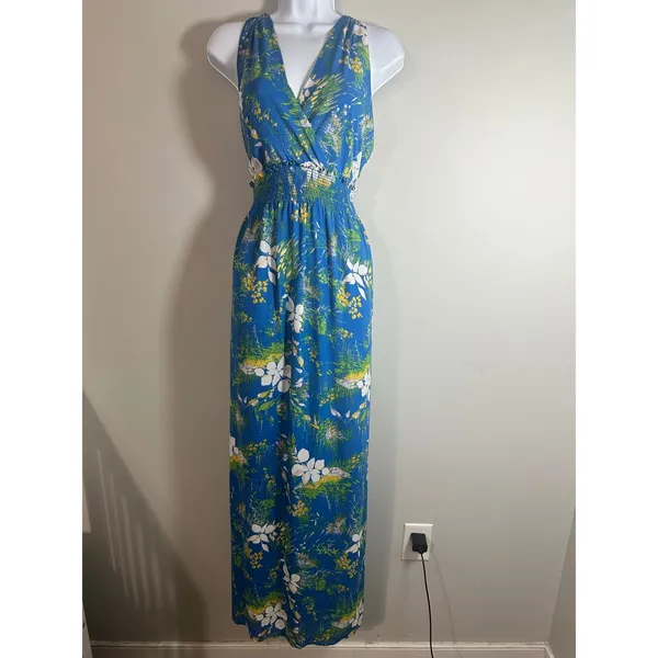 Halogen Blue Floral Smocked Waist Maxi Dress Medium Sleeveless V-Neck‎ NWOT - Image 2