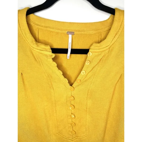 Free People Summer Struttin Mini Dress Golden Yellow Henley Waffle Ruffle Medium - Image 4