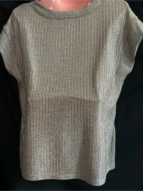 White House Black Market Women’s Metallic Silver V-Neck Ribbed Knit Top MD - Image 2