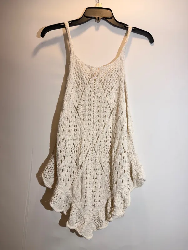 Free People Sea Song Sheer Crochet Knit Scalloped Longline Tank Top Size L - Image 4