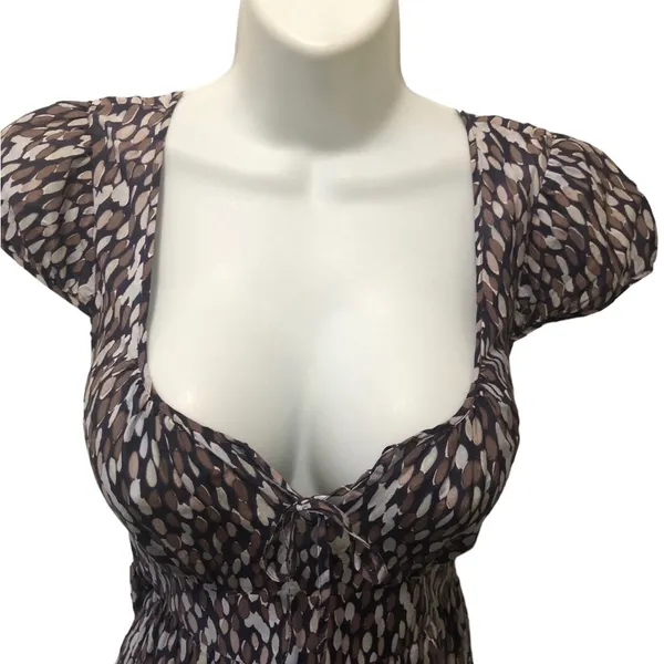Banana Republic Printed Silk Blend Midi Peasant Dress 4 Tied Scoop Neck Brown - Image 6