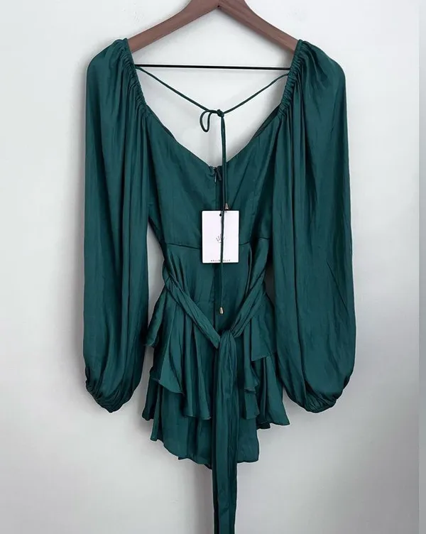 Hello Molly Sunrise Memories Romper Forest Green long sleeve XS 2 - Image 3