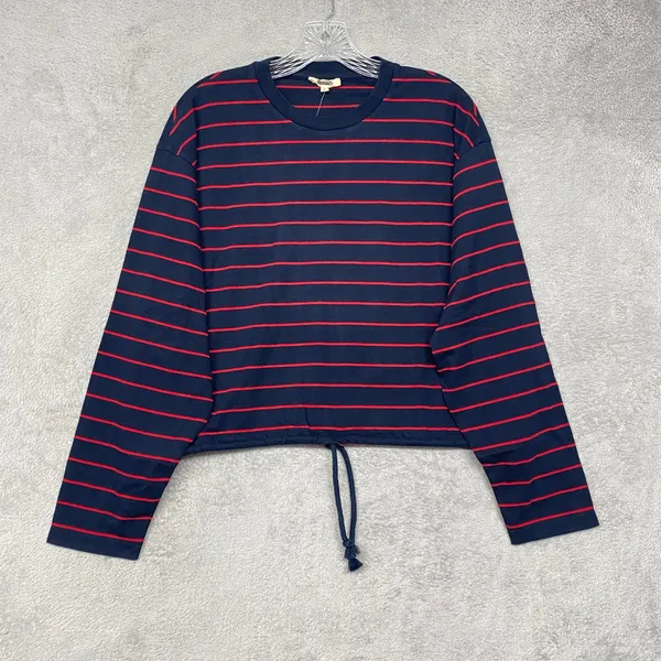 Madewell Top Womens Small Striped Drawstring Hem Long Sleeve Tee Navy Red NZ385 - Image 2