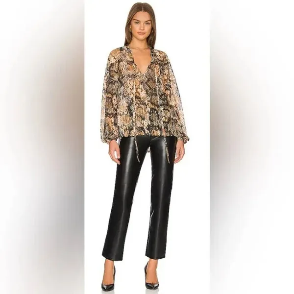 Free People Blouse Top XS Multicolor Snake Pattern Long Sleeve V-Neck Casual B55 - Image 2