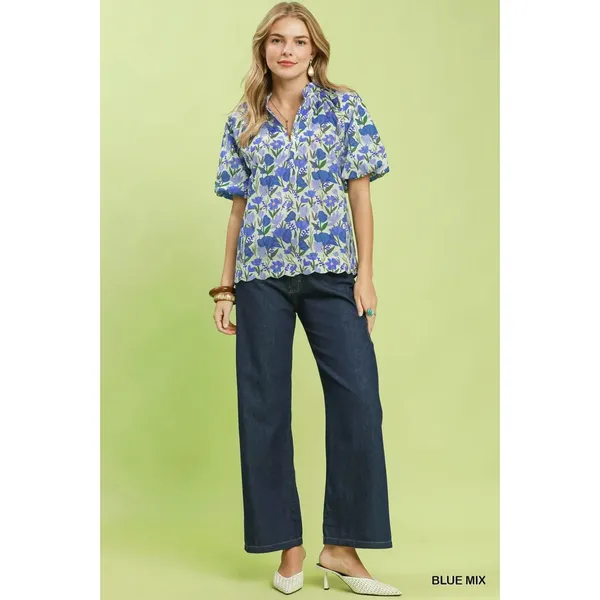 Umgee Floral Puff Sleeve Blouse with Scalloped Details‎ - Medium - Image 4