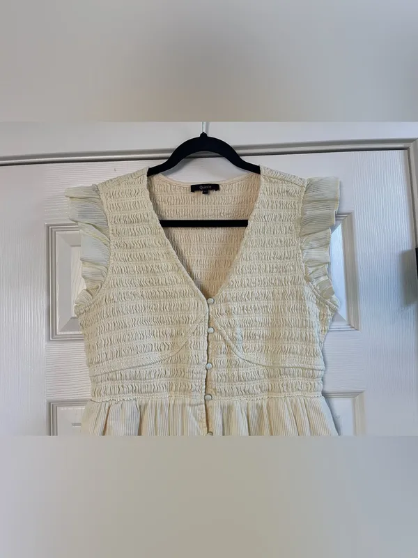 Quince Organic Textured Cotton Smocked V-Neck Midi Dress Pale Custard Yellow L - Image 7
