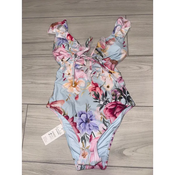 Cupshe Floral Ruffle One Piece Swimsuit Blue Pink Lace Up V-Neck Small NWT - Image 2
