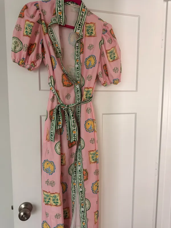 Boutique Pink Porcelain-Print Belted Midi Dress — Size Small - Image 3