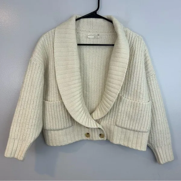 Anthropologie Deep V Wool Blend Oversized Ivory Cardigan Sweater Size Small - Image 2