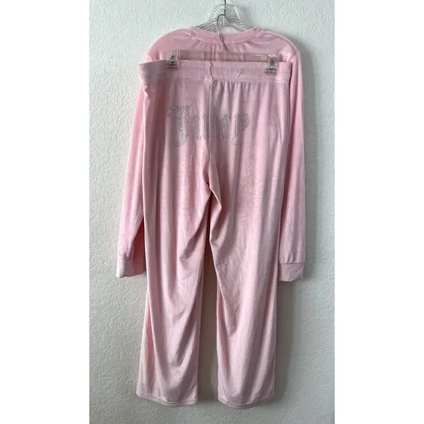 Juicy Couture Pajama Set Size L‎ Pink Velour Rhinestone Logo Sweatshirt Pants - Image 2