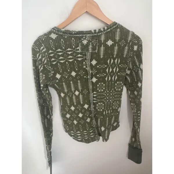 We The Free Free People Olive Green Fair Isle Waffle Knit Thermal Top‎ Small - Image 3