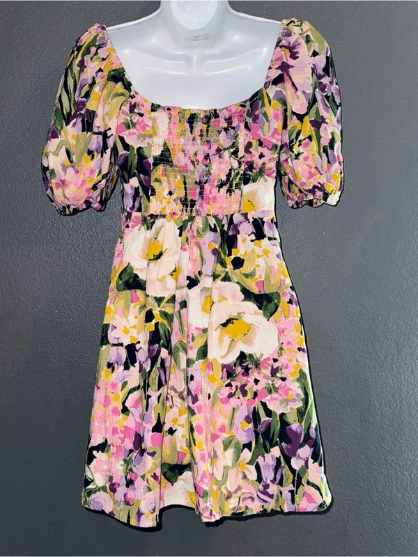 H&M Women’s Floral Cotton Pink Short Sleeve Spring Mini Dress Small - Image 5