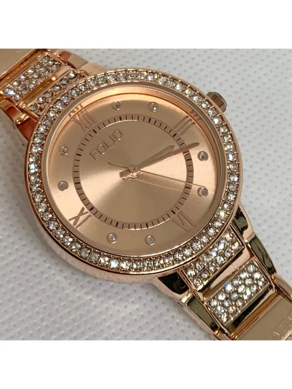 Folio rose gold tone women’s watch rhinestones 33mm quartz up to 7.5” running - Image 3
