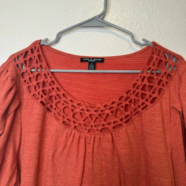 Cable & Gauge Crochet Neckline Split Flutter Sleeve Flowy Blouse Size 3X Boho - Image 4