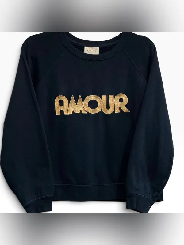 Sezane Amour Sweatshirt S Navy Gold Embroidered Organic Cotton Parisian Chic - Image 2