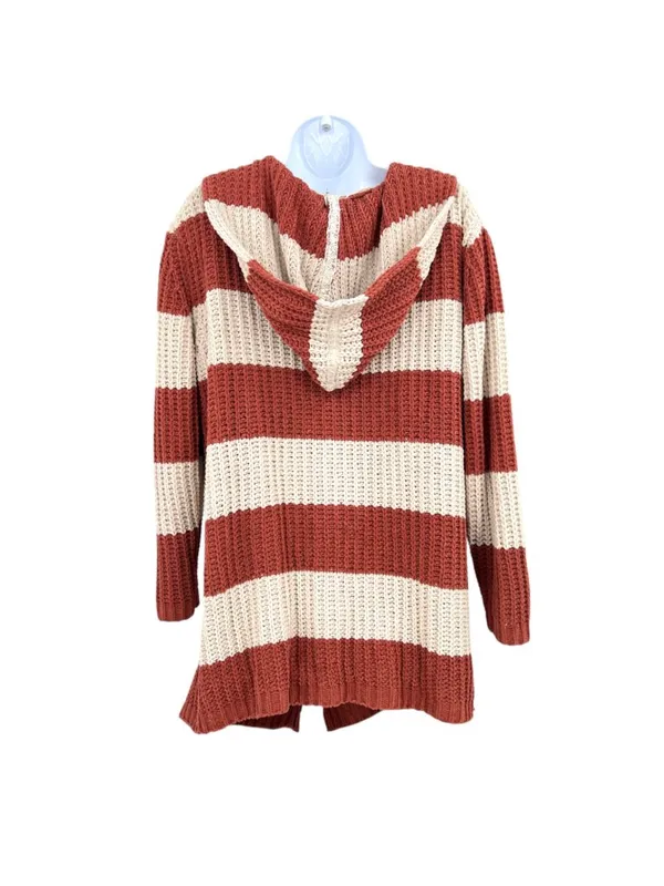 POL Striped Hooded Open Cardigan Sweater Rust Cream Size Small Cozy Boho - Image 7
