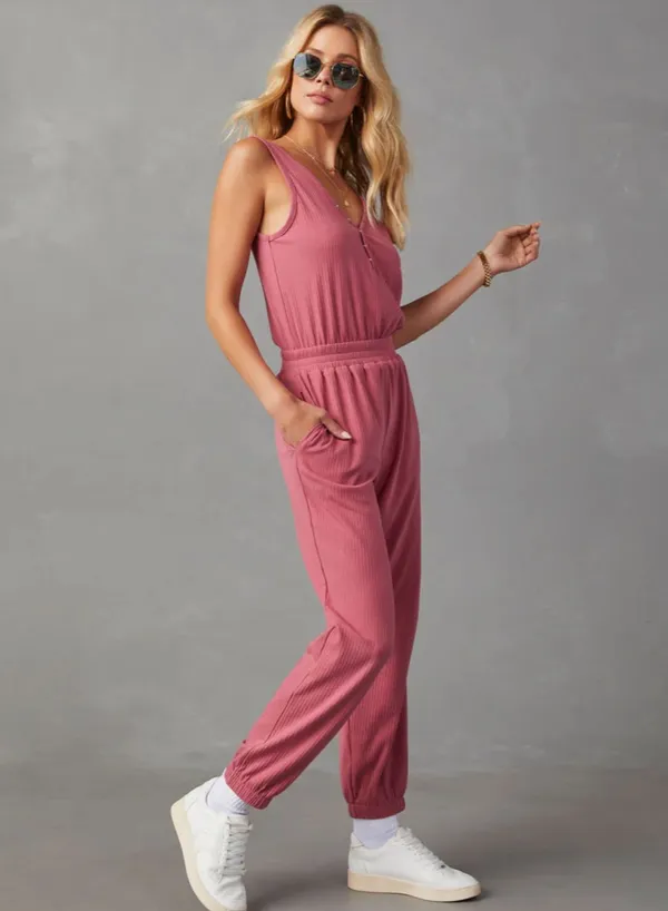 Rosy Pink VICI Ribbed Jumpsuit - Image 4