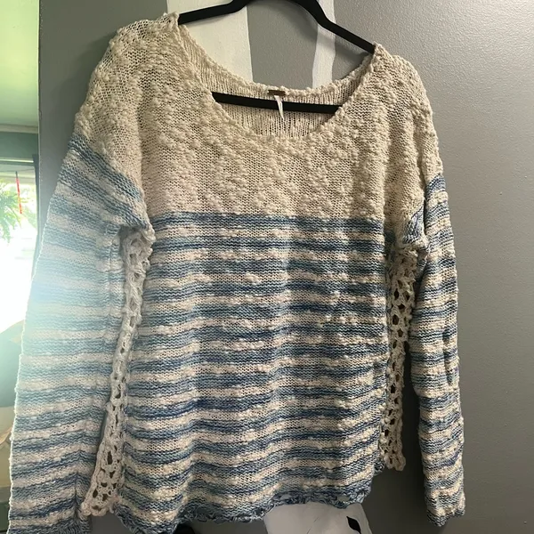 Free People Blue and Cream Striped Sweater - Image 4