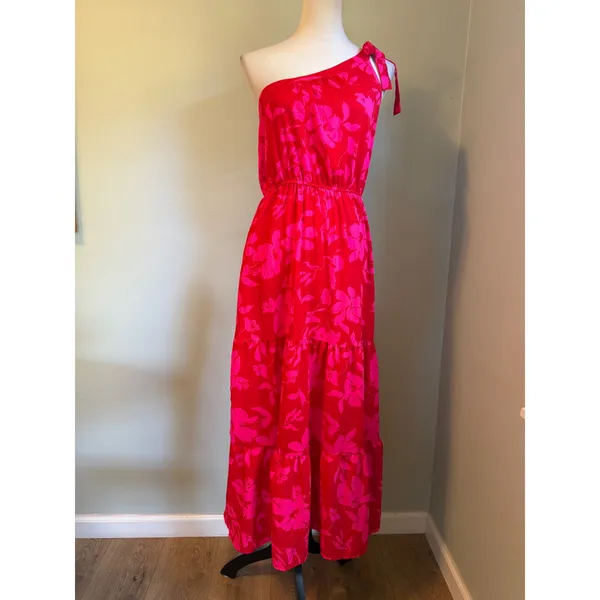 PrettyGarden One Shoulder Floral Maxi Dress Red Pink Tiered Boho Summer M resort - Image 2