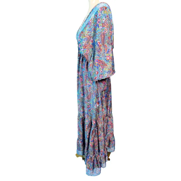Zury Blue Paisley Silk Blend V-Neck Maxi Dress Ruffle Boho Free Size Kaftan - Image 7
