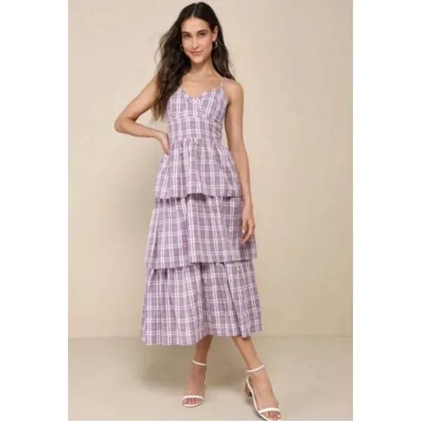 Lulus Purple Plaid Tiered Midi Dress Small Cottage Bustier Women Flair Sundress - Image 15