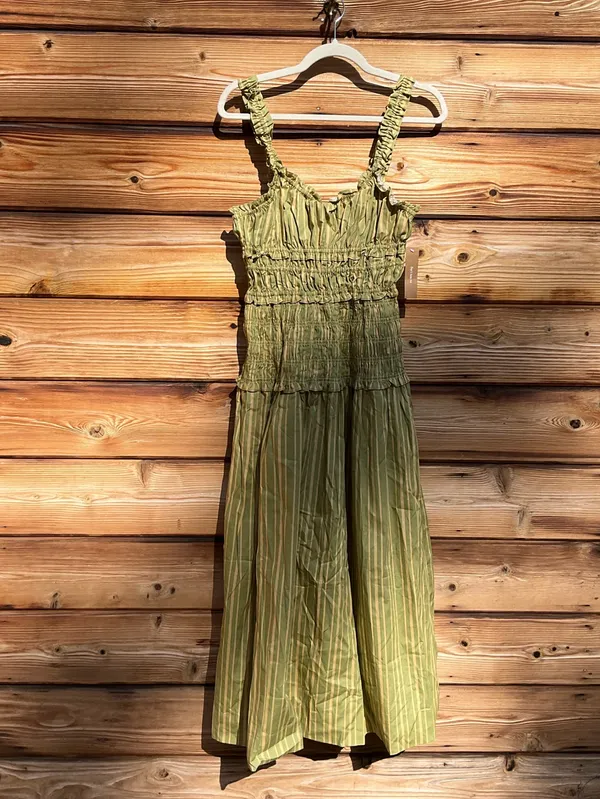 Few Moda o.p.t Freya Size M Green Striped Smocked Fit Flare Midi Cotton Dress - Image 5
