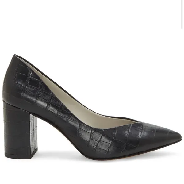1.STATE | Women's Black Saffy Block‎ Leather Embossed Croc Heel Pumps, Size 6 - Image 2