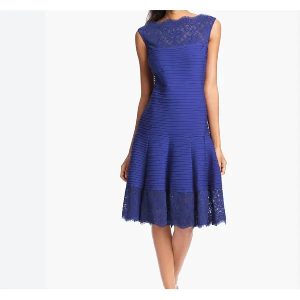 Tadashi Shoji Lace Fit Flare Midi Dress Blue Romantic Wedding Guest‎ Luxe Small - Image 2